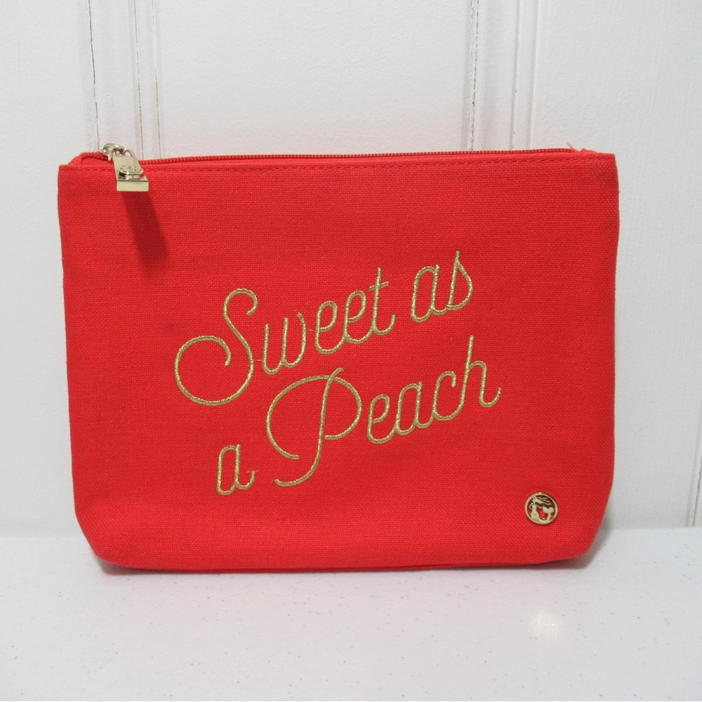 Spartina 449 Red Canvas Cosmetic Pouch with Gold Embroidery Sweet as a Peach